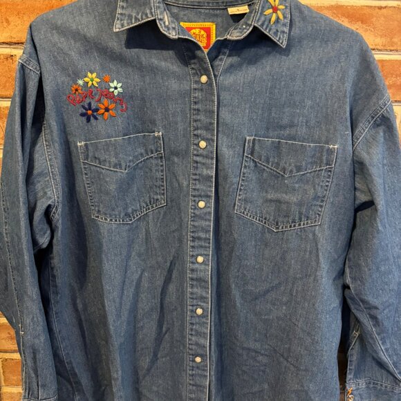 Pepe Jeans Womens Embroidered Denim Button-Up Shirt W/Floral Details 90s - Picture 1 of 10